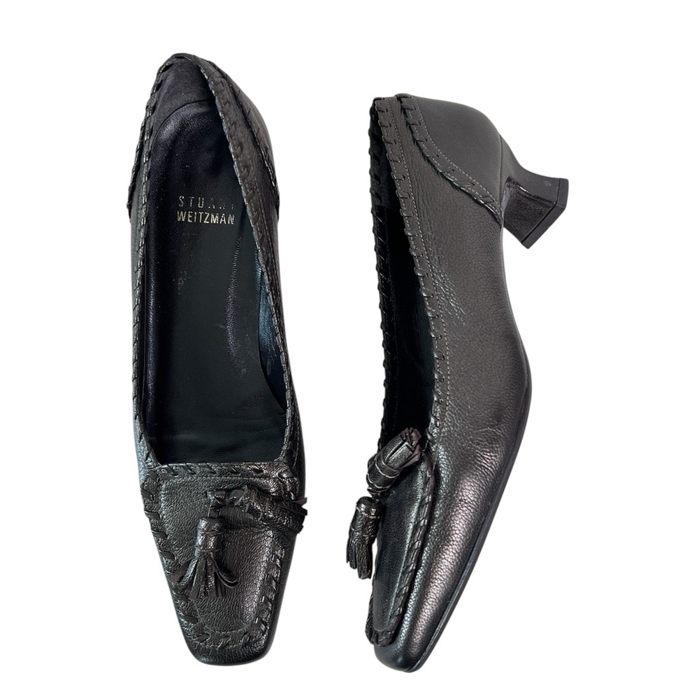 Stuart Weitzman Women’s Tassel Loafers Size 6 Pewter Brown Whipstitch Leather